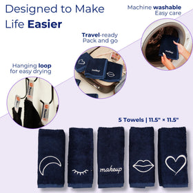 Marmaris Co. flat-lay of five black face towels illustrating full-set convenience and stain-hiding color