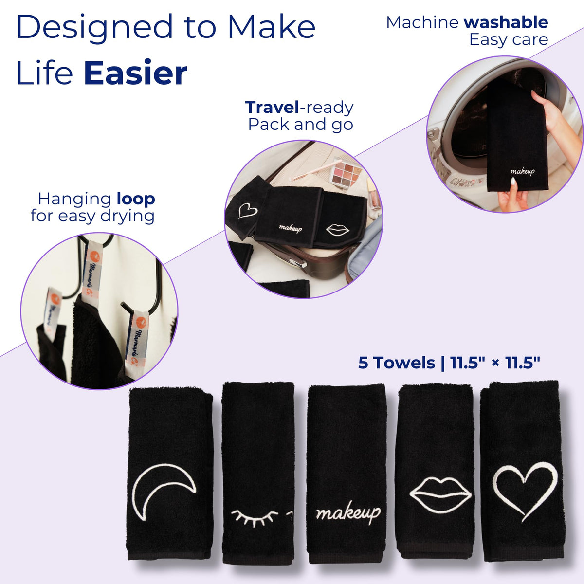 Marmaris Co. folded stack of five black face towels, ready-to-use convenience