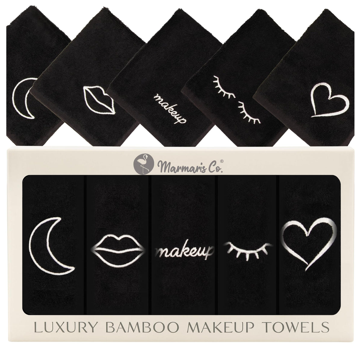 Marmaris Co. front packaging showing five luxury black washcloths, premium presentation