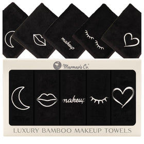 Marmaris Co. front packaging showing five luxury black washcloths, premium presentation