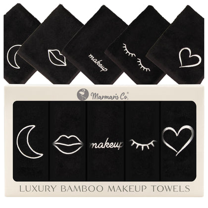 Marmaris Co. front packaging showing five luxury black washcloths, premium presentation