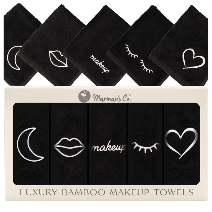 Marmaris Co. front packaging showing five luxury black washcloths, premium presentation