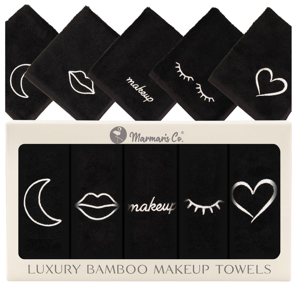 Marmaris Co. front packaging showing five luxury black washcloths, premium presentation