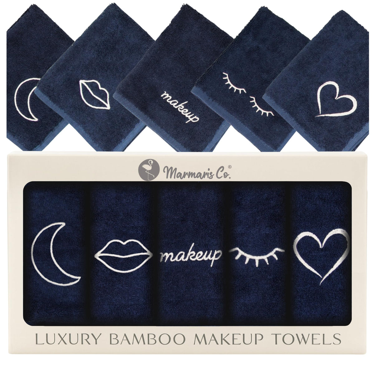 Marmaris Co. front packaging showing five black makeup washcloths and sleek gift box, premium gifting benefit