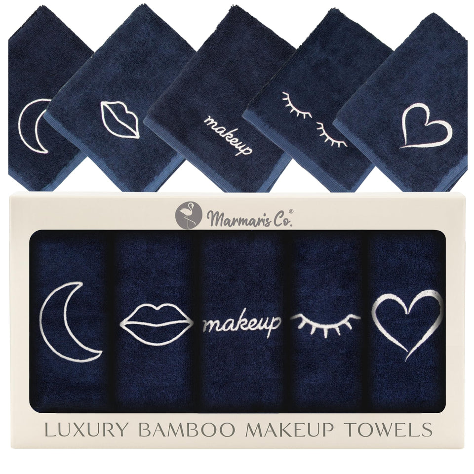Marmaris Co. front packaging showing five black makeup washcloths and sleek gift box, premium gifting benefit