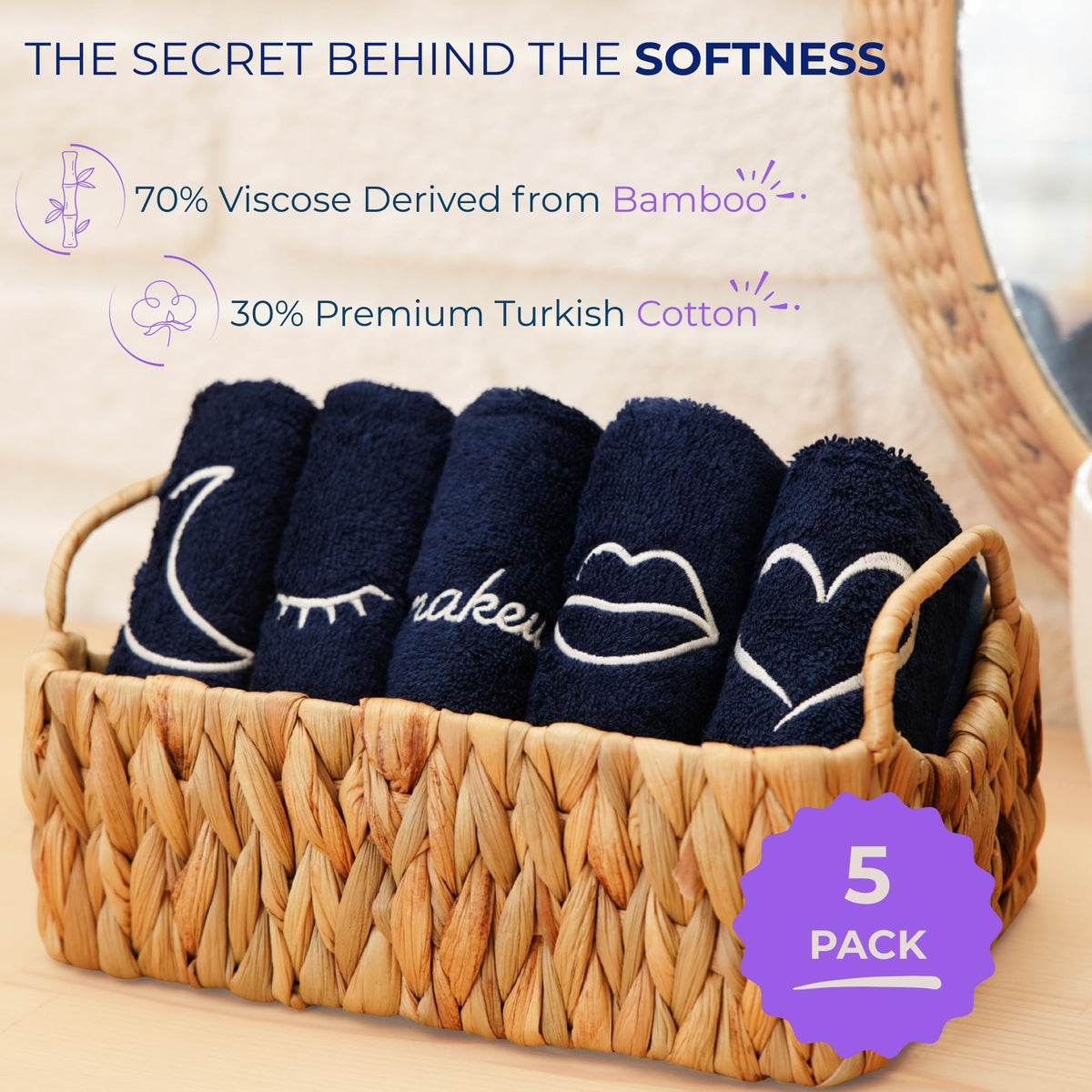 Marmaris Co. washcloth beside a hand to show size and scale, highlighting travel-friendly dimensions