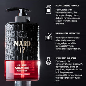 MARO17 shampoo bottle closeup highlighting texture and hydration benefits