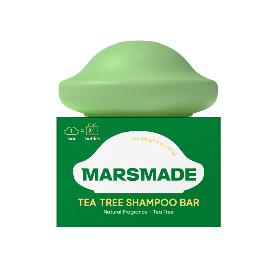 MARS MADE front packaging showing the tea tree shampoo bar and label benefit