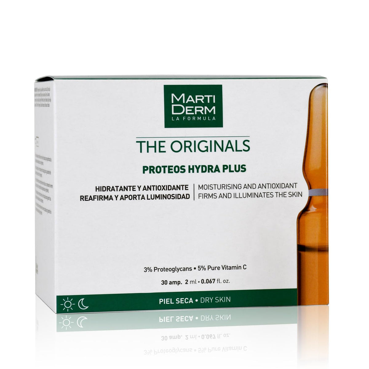 Martiderm front packaging showing 30 ampoules and benefits