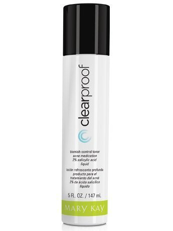 Mary Kay Clear Proof toner front bottle shown clearly, highlights 2% salicylic acid and oil-control benefit