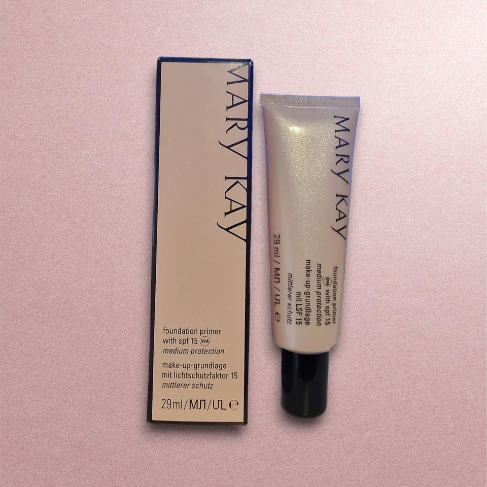 Mary Kay primer front packaging showing SPF15 benefits and easy application