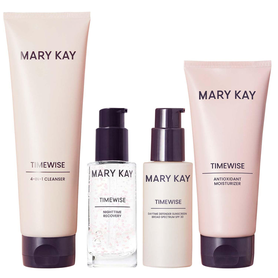 Mary Kay TimeWise set front packaging showing full four-step kit benefits