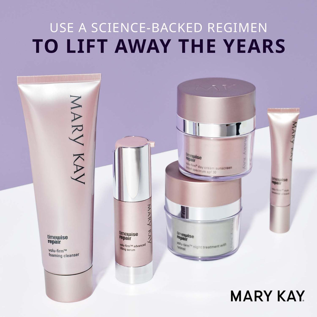 Mary Kay Volu-Firm lifestyle bathroom counter scene showing routine simplicity and elegance