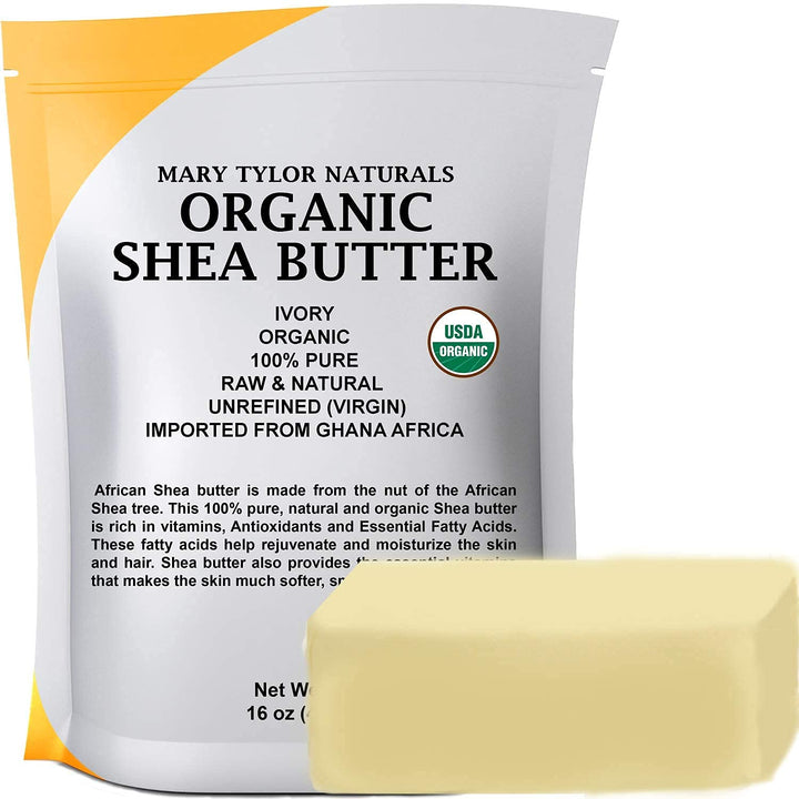 Mary Tylor Naturals front package showing one-pound organic shea butter for value