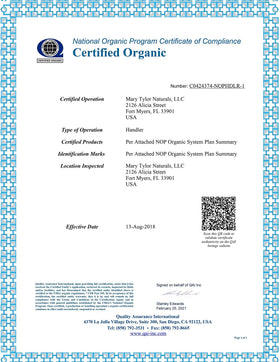 Mary Tylor Naturals product label and USDA seal highlighting certified organic sourcing