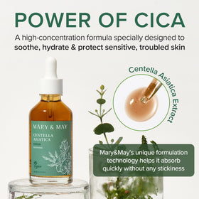 Mary&May applying 2–3 drops on hand demonstrating gentle pat-in