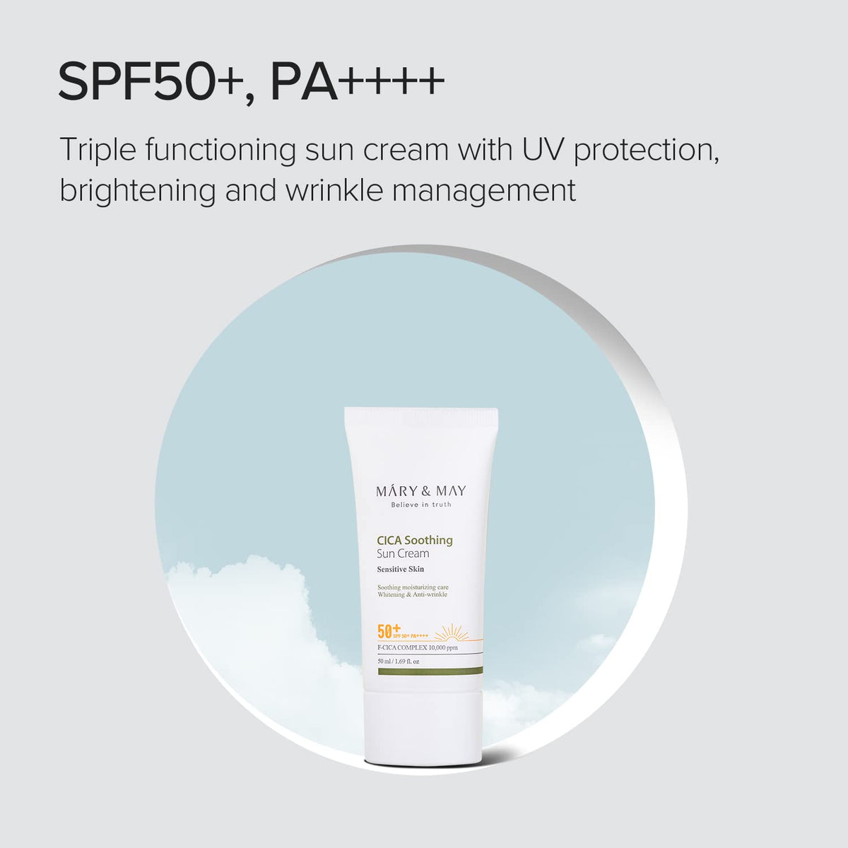 Mary&May 50ml tube next to hand to show size and travel-friendly benefit