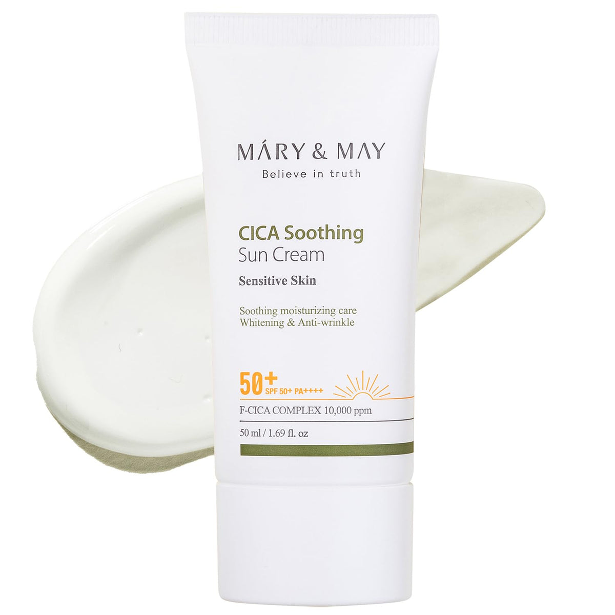 Mary&May front packaging of CICA sun cream showing compact tube and size benefits