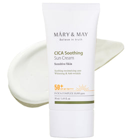 Mary&May front packaging of CICA sun cream showing compact tube and size benefits
