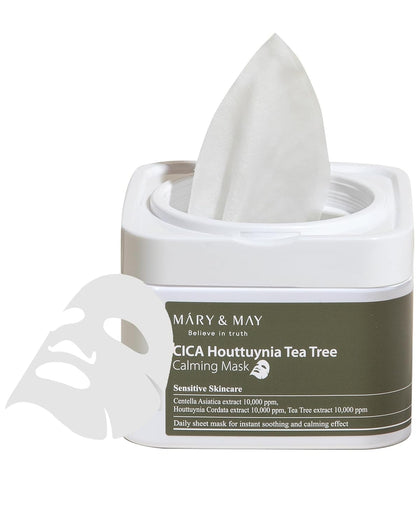 Mary&May front packaging showing calming mask and 30-sheet tub benefits