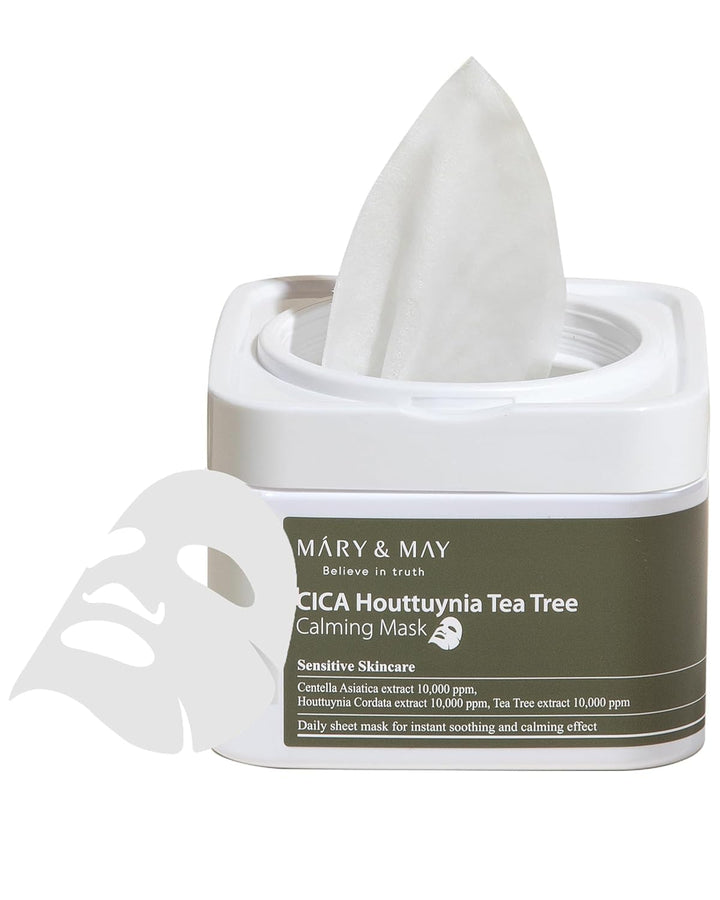 Mary&May front packaging showing calming mask and 30-sheet tub benefits