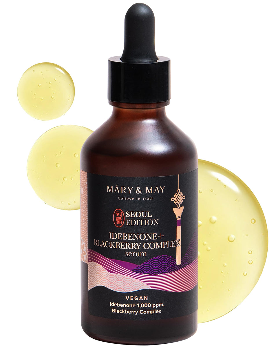 Mary&May bottle front packaging shows idebenone serum and benefits