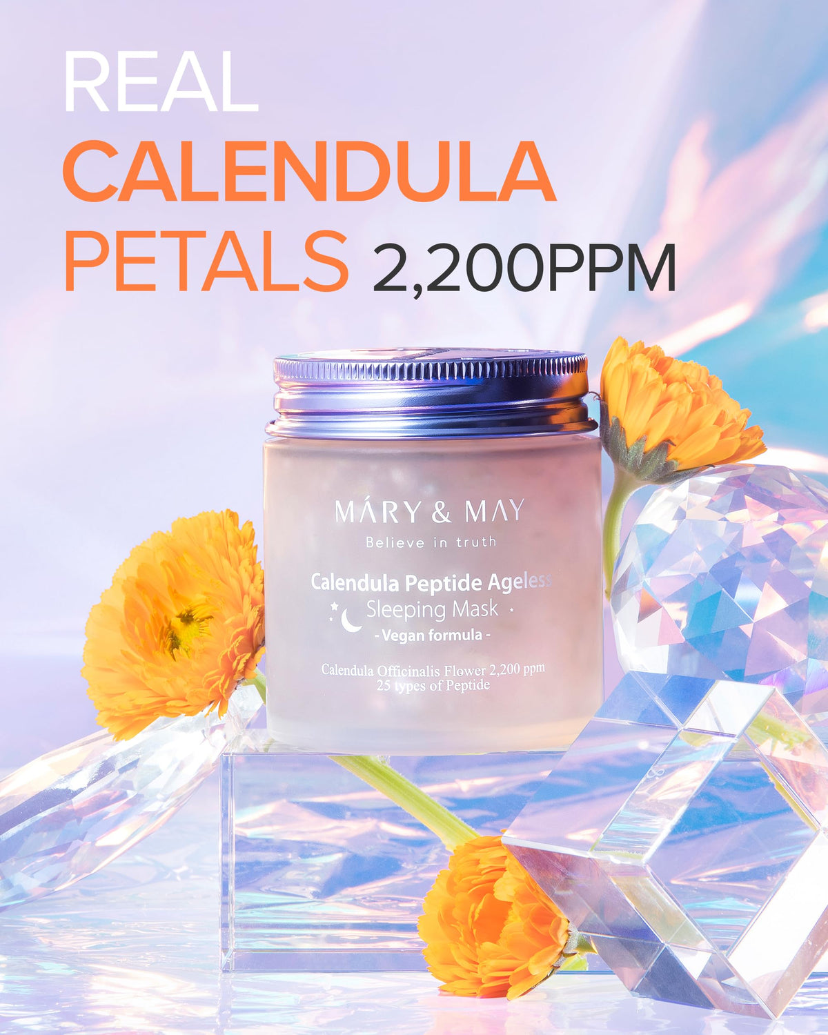 Mary&May jar beside fresh calendula petals showing soothing botanical benefit