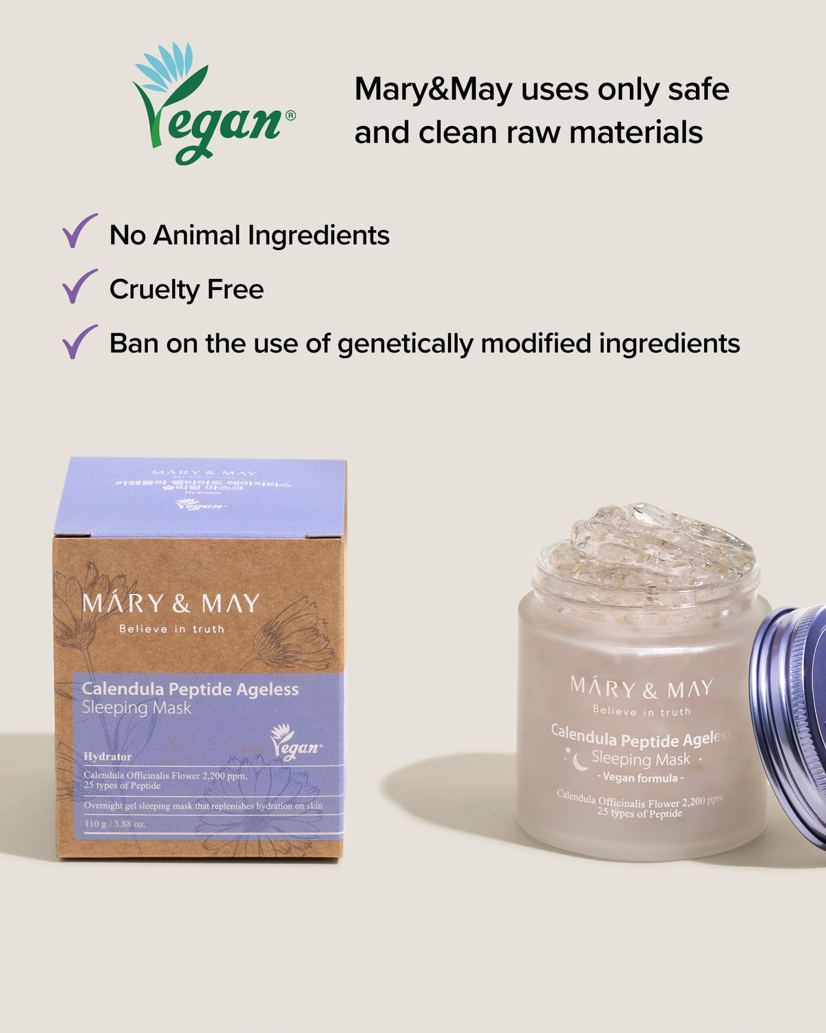 Mary&May label detail listing peptides ceramide hyaluronic acid for barrier support