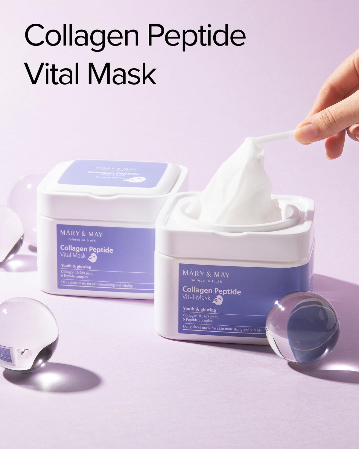Mary&May open pull-out case revealing arranged sheet masks and hygienic cap
