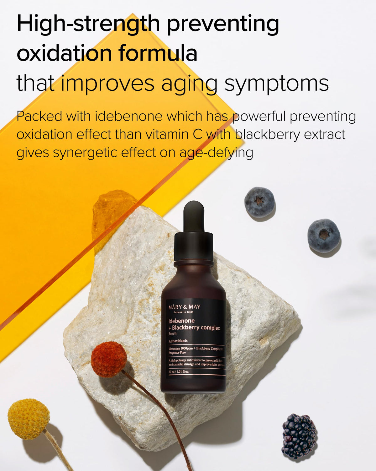 Mary&May bottle beside blackberry sprigs highlighting 20% blackberry antioxidant complex benefit