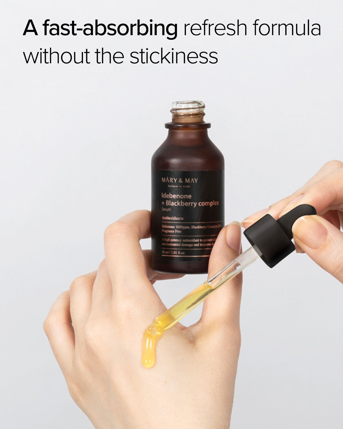 Mary&May pump dispensed onto hand demonstrating easy application and non-sticky finish