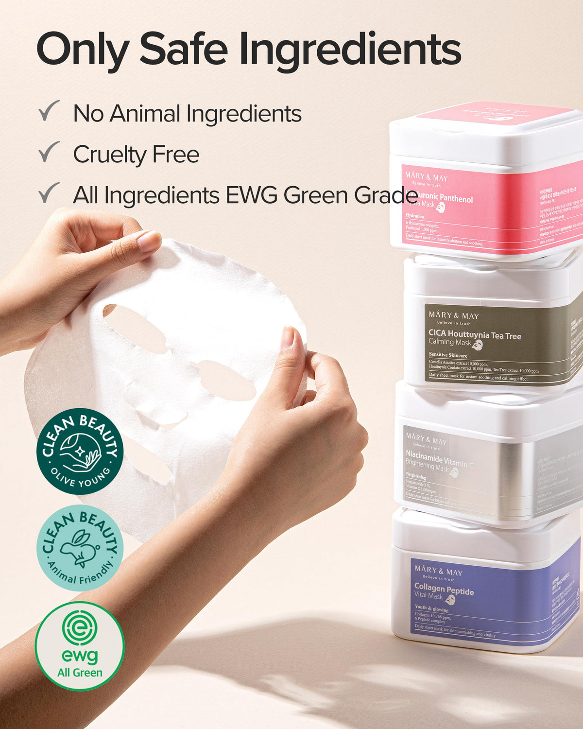 Mary&May sheet mask applied on face demonstrating hydrated, smoother look