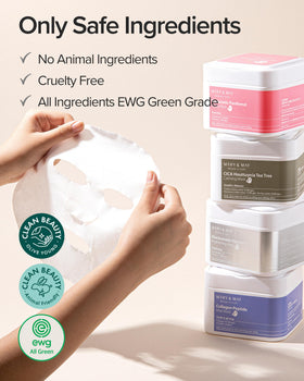 Mary&May sheet mask applied on face demonstrating hydrated, smoother look