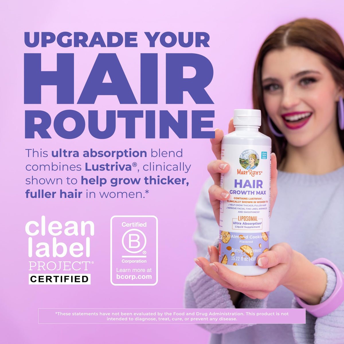 MaryRuth's close-up of label text highlighting Lustriva and biotin benefits