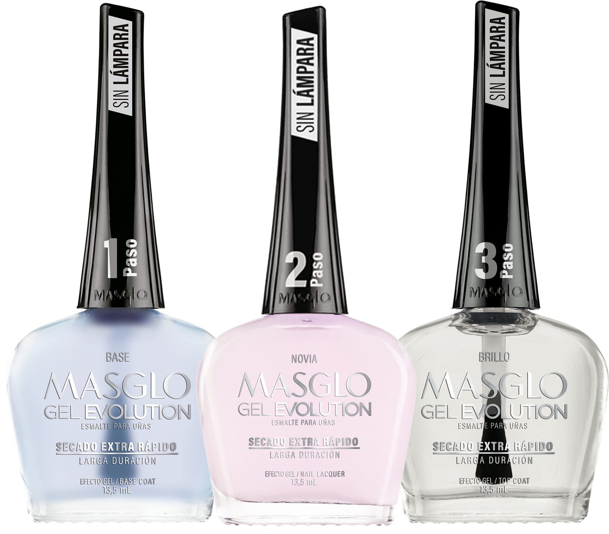 MASGLO front packaging showing three gel bottles and high-gloss finish benefit