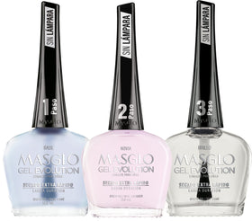MASGLO front packaging showing three gel bottles and high-gloss finish benefit
