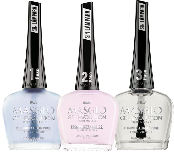 MASGLO front packaging showing three gel bottles and high-gloss finish benefit