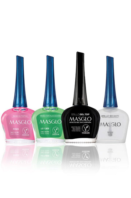 MASGLO front packaging showing four bottles and glossy finish benefit