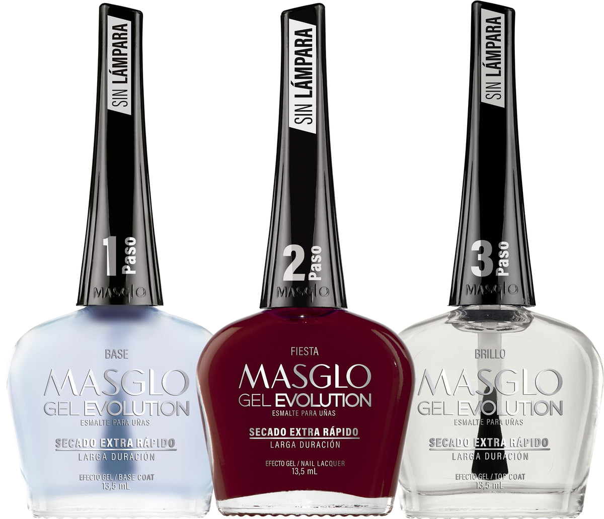 MASGLO front packaging showing three bottles and high-gloss finish benefit