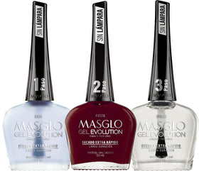MASGLO front packaging showing three bottles and high-gloss finish benefit