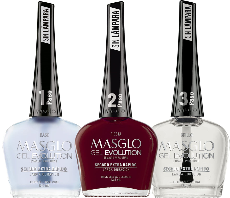 MASGLO front packaging showing three bottles and high-gloss finish benefit