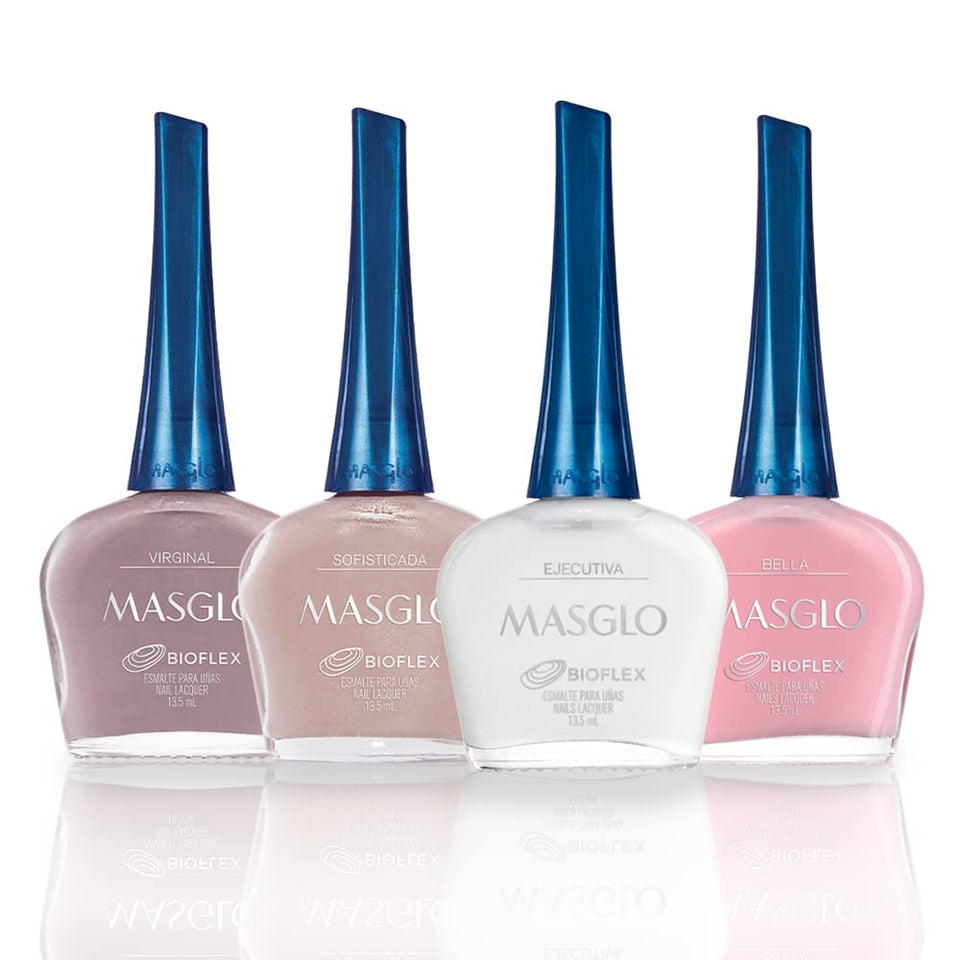 MASGLO front packaging showing four polish bottles and color range benefit