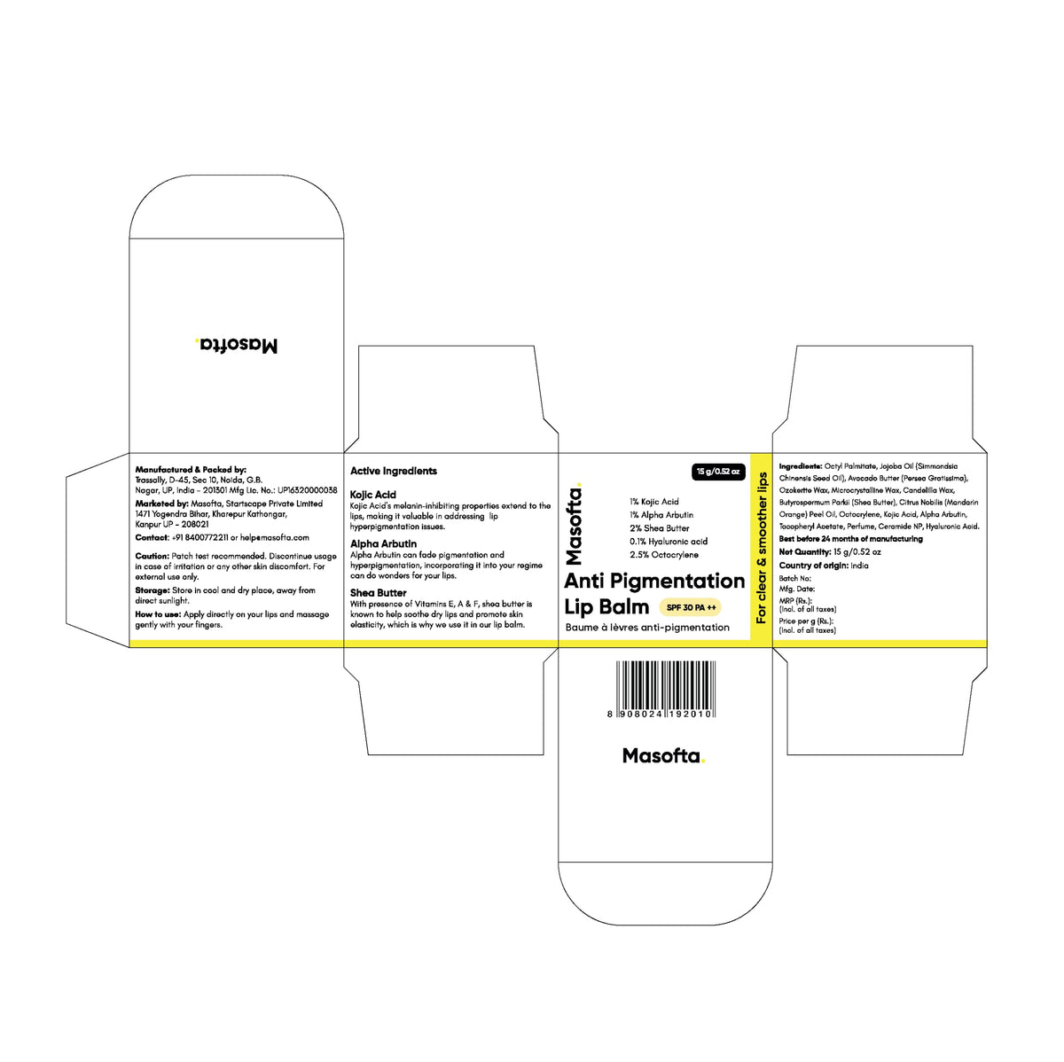 Masofta back label close-up showing ingredient list and usage guidance benefit