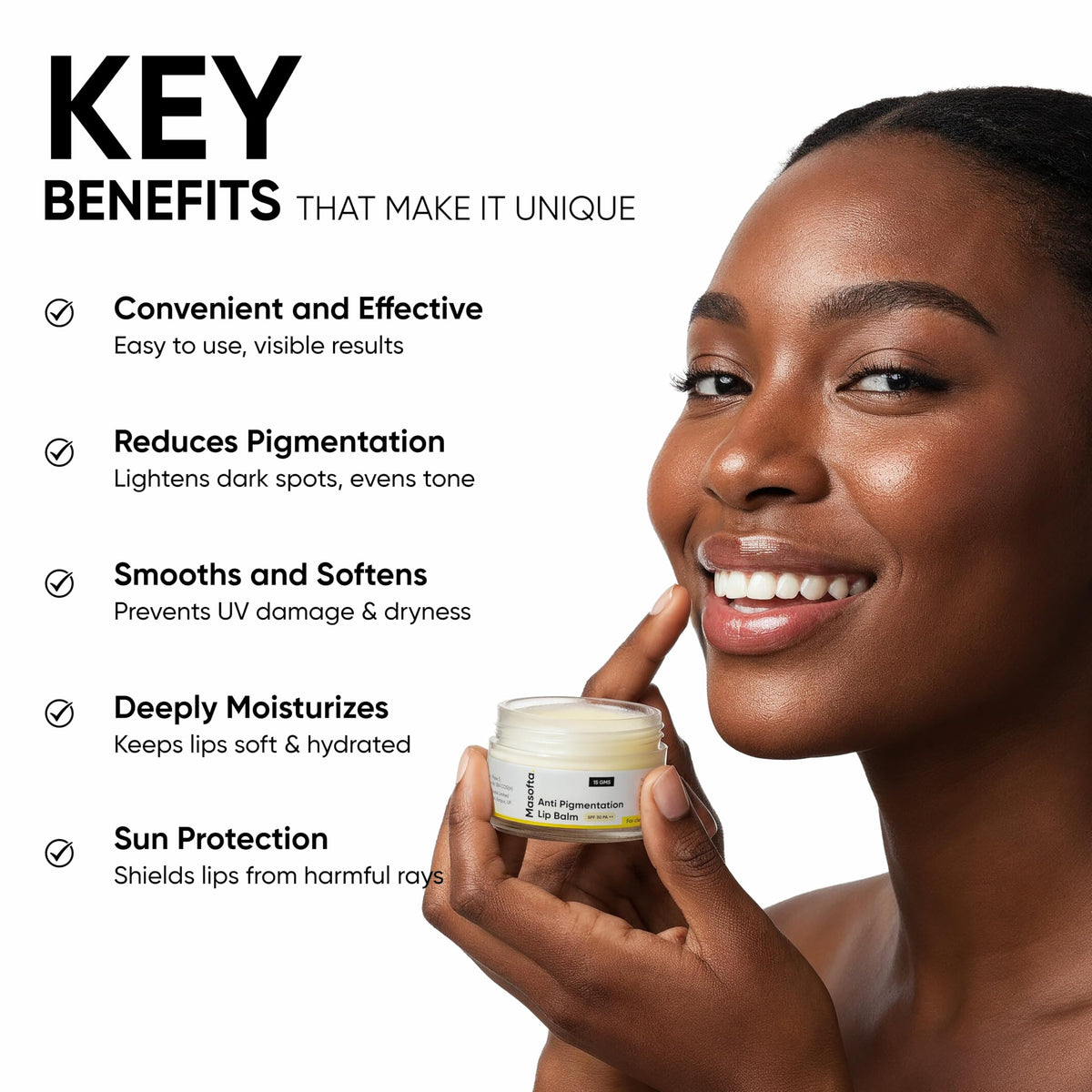 Masofta SPF label detail showing PA++ protection to reduce UV-related darkening
