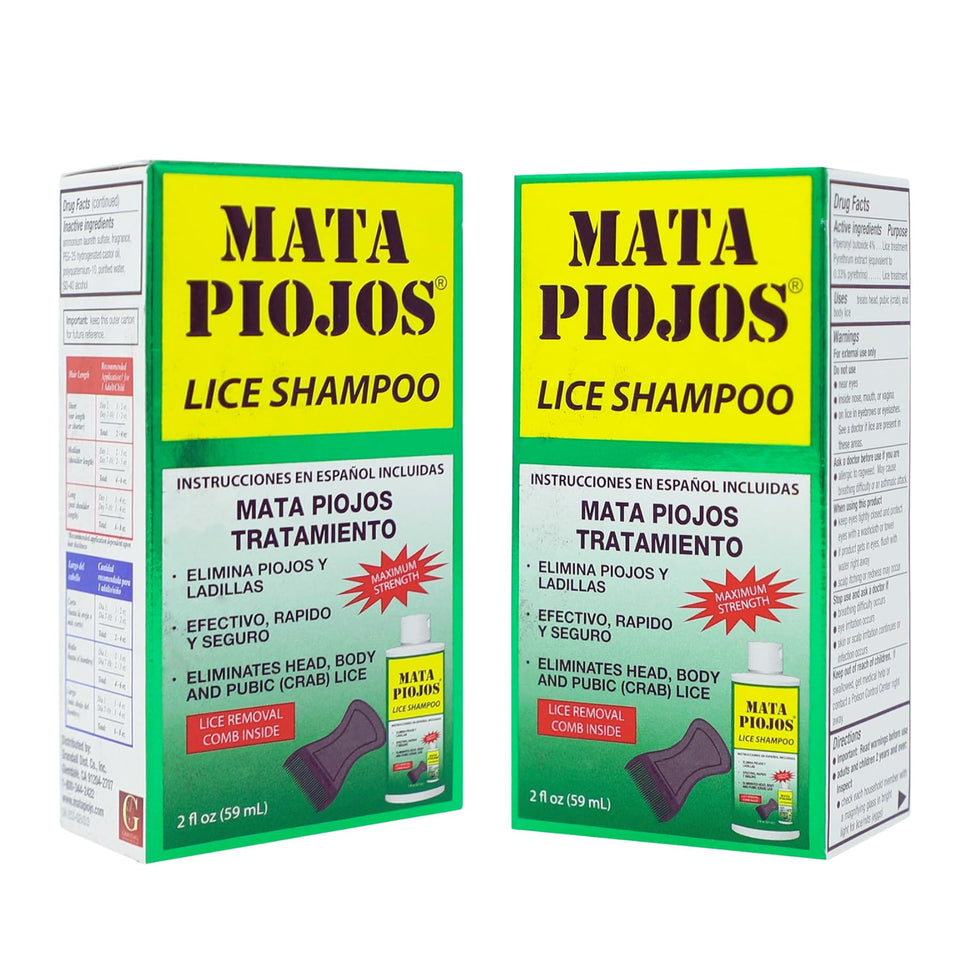 Mata Piojos front packaging showing two 2 fl oz bottles and kit contents