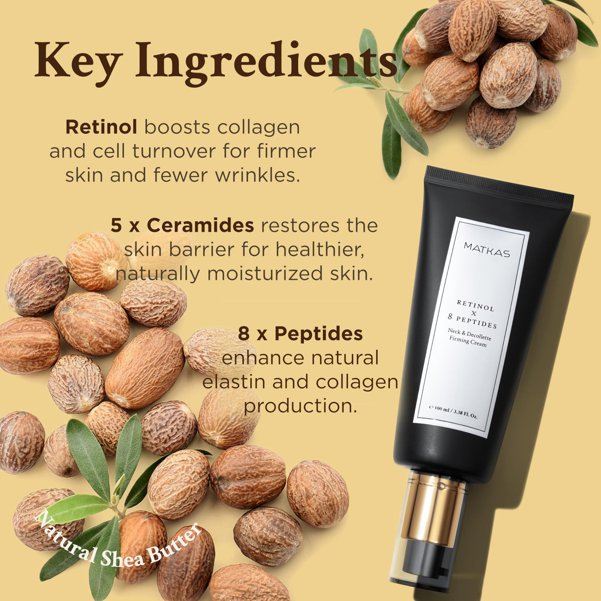 MATKAS ingredient panel label highlighting peptides, ceramides, and retinol benefits