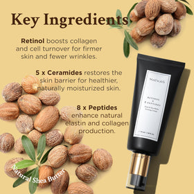 MATKAS ingredient panel label highlighting peptides, ceramides, and retinol benefits