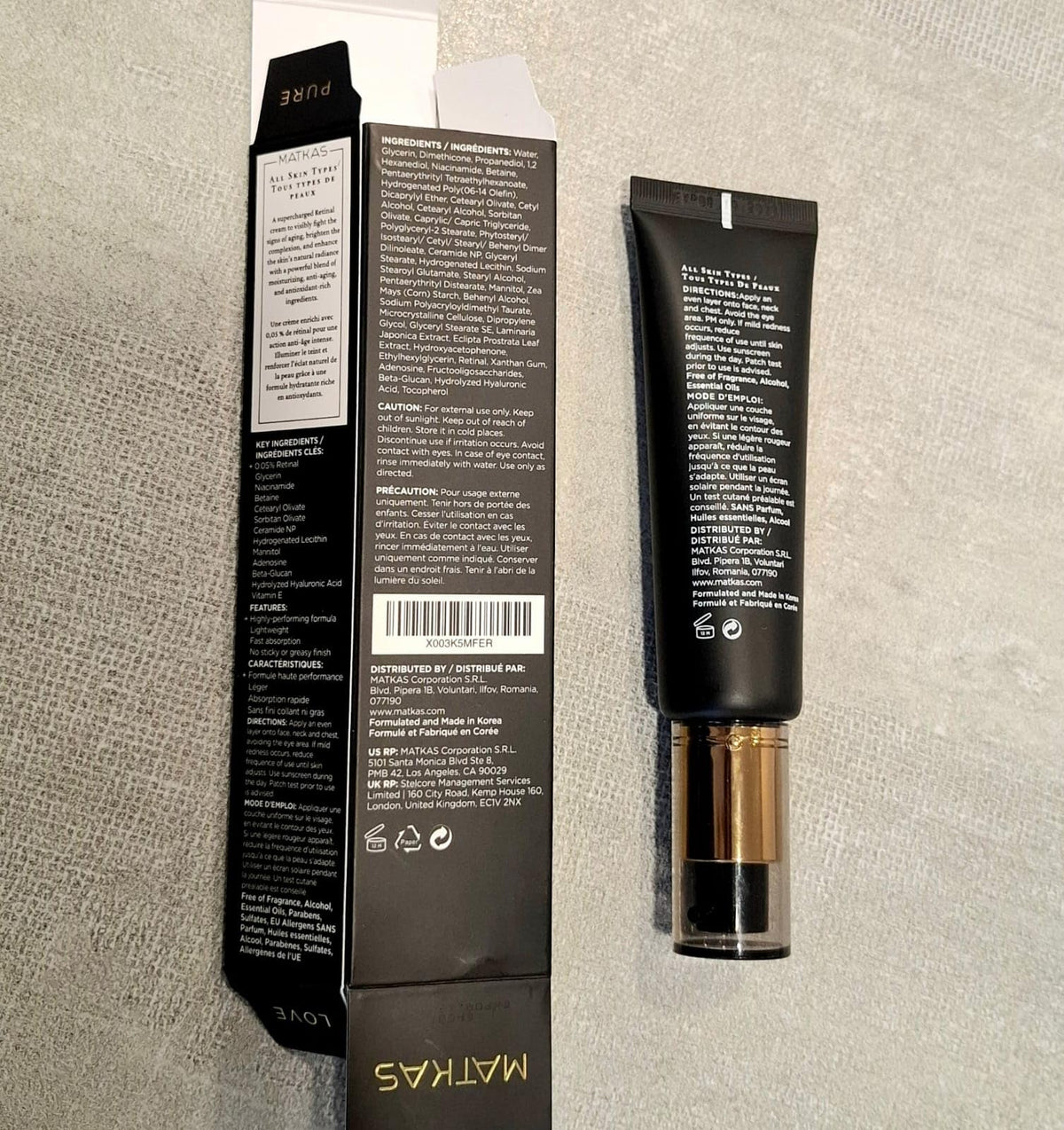 MATKAS packaging box with tube showing premium Korean skincare gifting