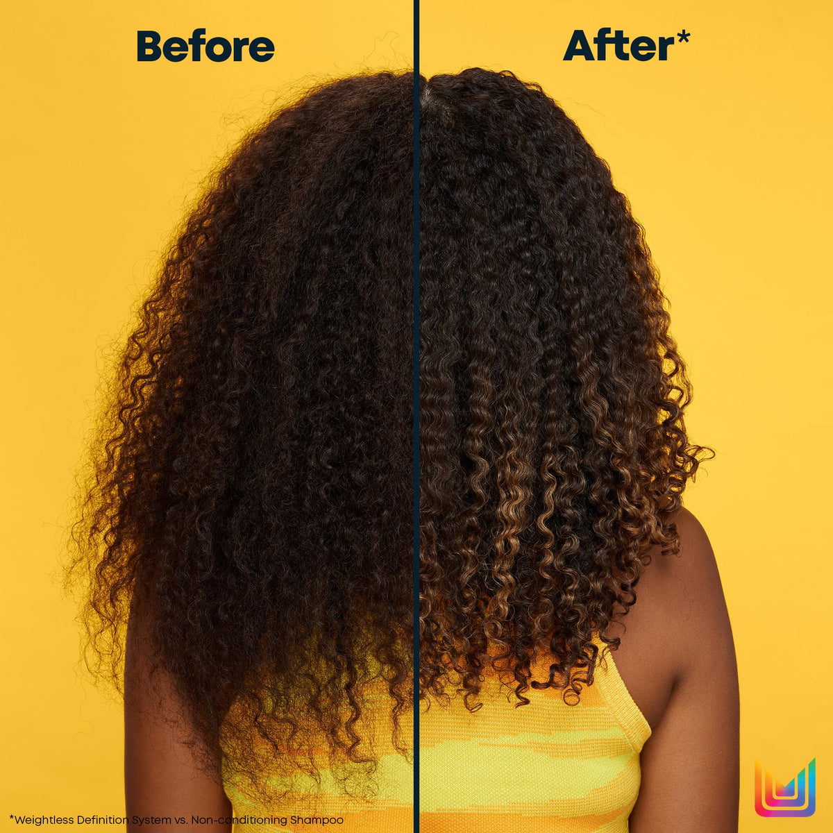 Matrix before and after illustrating curl definition and reduced frizz