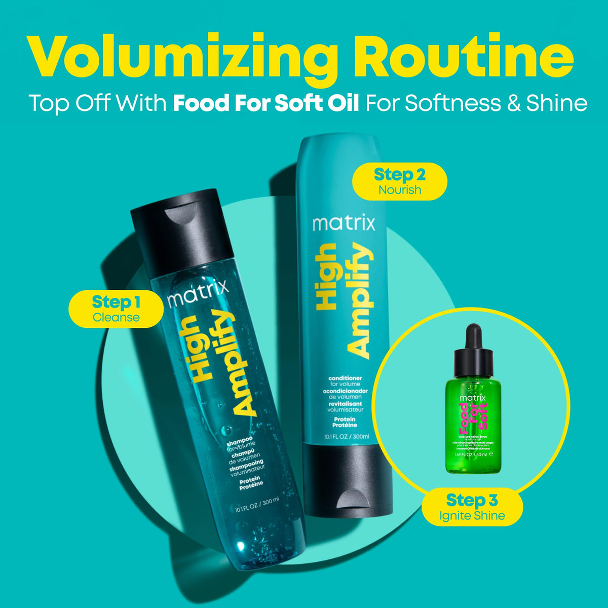Matrix High Amplify styled blowout result showing lifted, fuller hair benefit